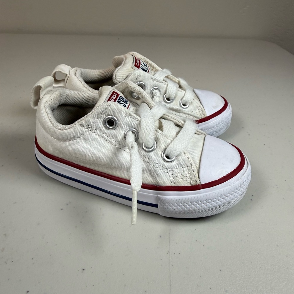 Converse Kids White Canvas Low Top Sneakers with Red and Blue Trim - Picture 5 of 8